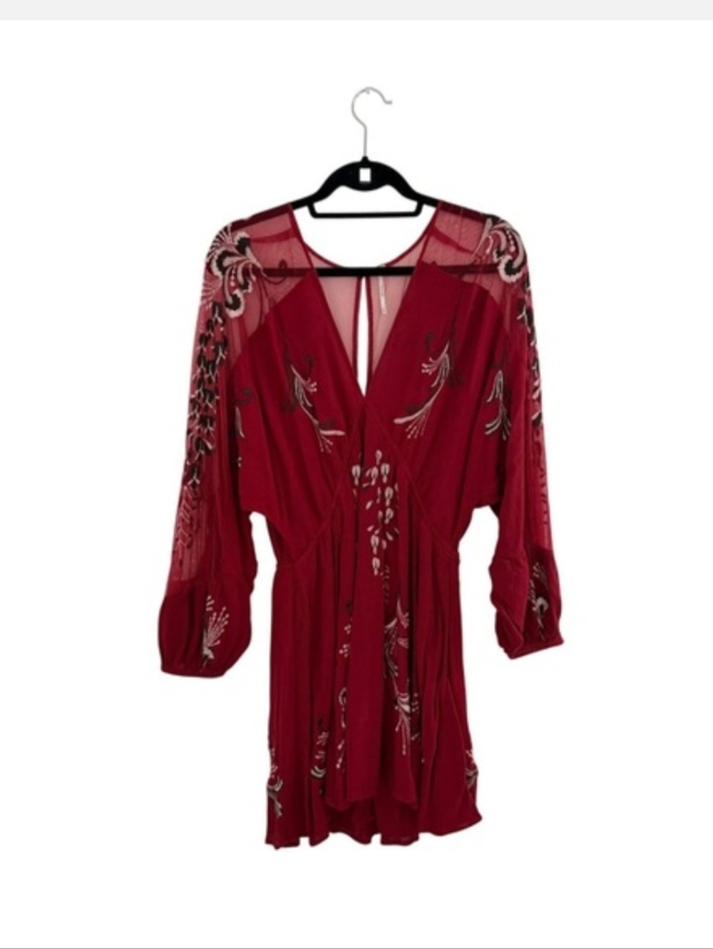 Free People Burgundy Embroidered Mesh Mini Dress L Boho Festival V-Neck Red